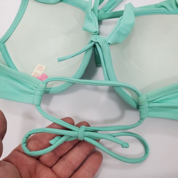 Victoria's Secret Aqua Tie Back Ruffle Padded Underwire Halter Bikini Top 32DD - Picture 7 of 8